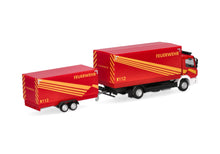 Lade das Bild in den Galerie-Viewer, Mercedes-Benz Atego `13 Planen-LKW mit Planen-Anhänger "Feuerwehr GW Logistik" - Herpa 1:87
